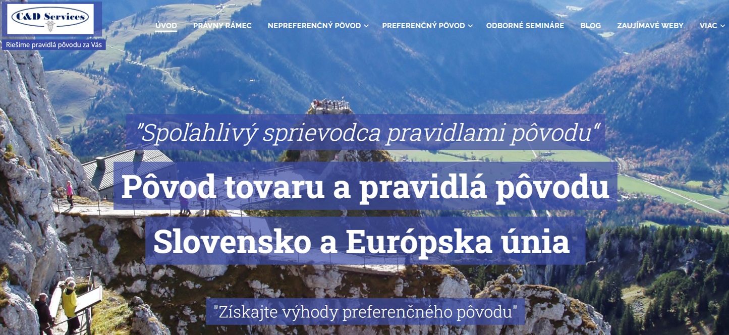 Webová bannerová stránka s horskou krajinou, hradom a textom „Pôvod tovaru a pravidlá pôvodu Slovensko a Európska únia“.
