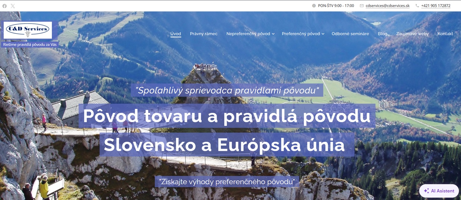 Webová stránka s horskou krajinou, mostom a textom „Pôvod tovaru a pravidlá pôvodu“.
